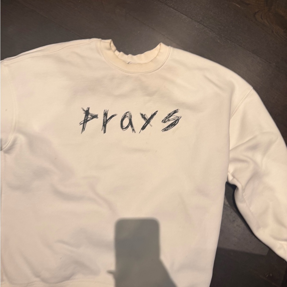 Prays Studios White Crewneck Sweatshirt Black Logo Size M unisex